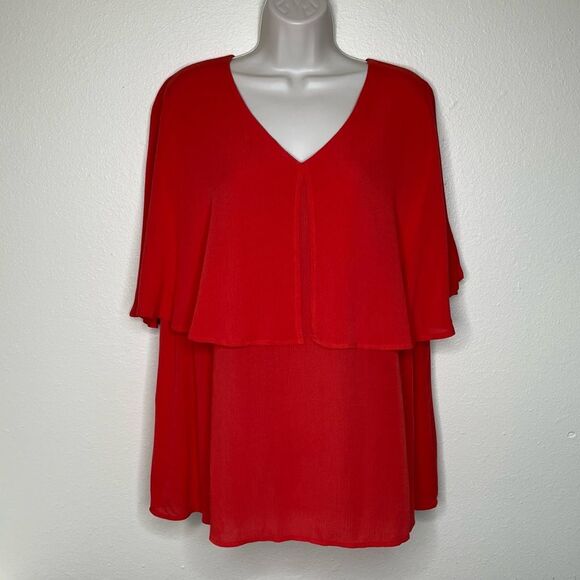 Chicos Crinkle Gauze Flutter Sleeve Capelet Layer Red Orange Blouse Women XL - Picture 13 of 13